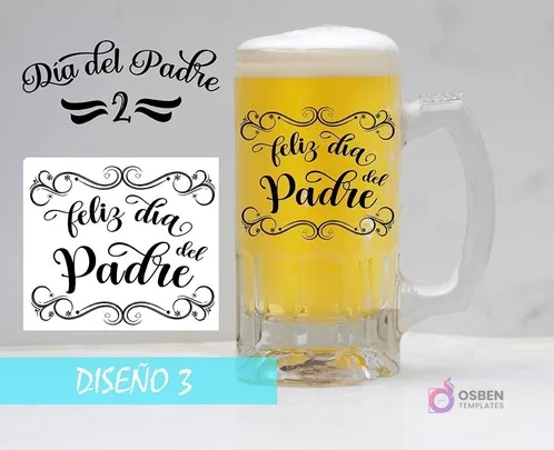 Plantilla para sublimar shoperos del Día del Padre con texto 'Feliz día del Padre' en caligrafía ornamental. Mockup de jarra cervecera sublimada.