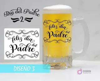 Plantilla para sublimar shoperos del Día del Padre con texto 'Feliz día del Padre' en caligrafía ornamental. Mockup de jarra cervecera sublimada.