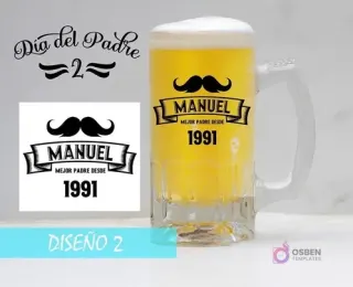 Plantilla editable para sublimar shoperos con diseño de bigote, cinta y texto personalizable 'MANUEL MEJOR PADRE DESDE 1991'. Mockup de jarra de cerveza.