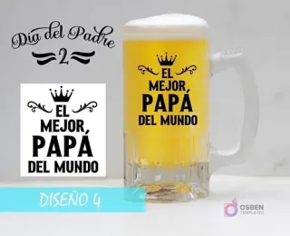Plantilla premium para sublimación de jarras cerveceras con diseño de corona y la frase 'EL MEJOR, PAPÁ DEL MUNDO'. Incluye mockup.