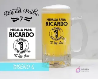 Plantilla para sublimar shoperos Día del Padre con diseño de medalla de honor y texto personalizable 'MEDALLA PARA RICARDO EL PADRE MÁS GENIAL'. Mockup.