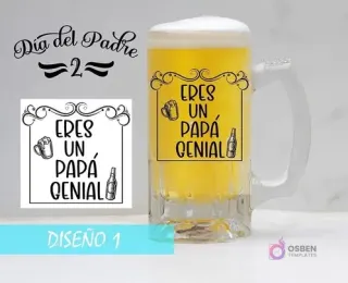 Plantilla digital para sublimar shoperos con diseño de marco ornamental, iconos de jarras y botellas de cerveza y el texto 'ERES UN PAPÁ GENIAL'. Mockup de jarra.