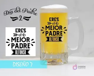 Plantilla para sublimar jarras con diseño de flecha, explosión de texto y el mensaje personalizable 'ERES el MEJOR PADRE ALFONSO'. Incluye mockup de chopero.