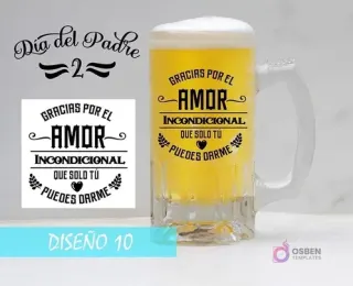 Plantilla para sublimar shoperos con mensaje emotivo 'GRACIAS POR EL AMOR INCONDICIONAL QUE SOLO TÚ PUEDES DARME'. Incluye mockup de jarra con corazón y hojas.