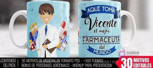 Taza personalizada de farmacéutico hombre con nombre Vicente y frase 'Aquí toma el mejor Farmacéutico del Mundo'.