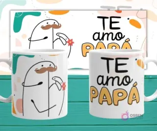 Mockup de dos tazas blancas con plantilla Flork 'Te amo PAPÁ' y Flork con bigote y bebé con flor, sobre fondo abstracto verde y naranja.