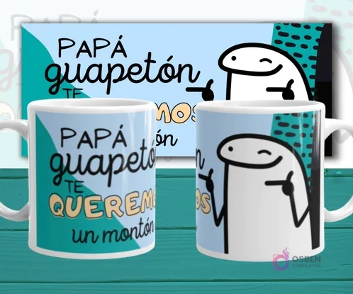 Mockup de dos tazas blancas con plantilla Flork 'PAPÁ guapetón TE QUEREMOS un montón', con Flork guiñando el ojo, sobre fondo abstracto azul.