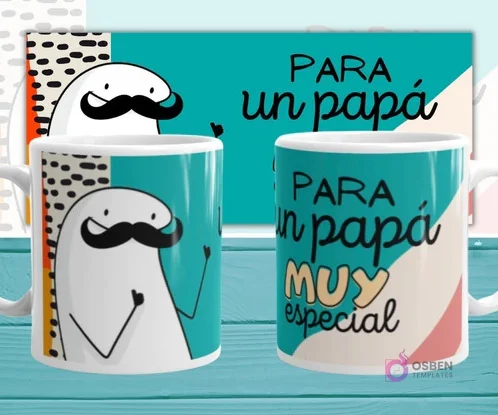 Mockup de dos tazas blancas con plantilla Flork 'PARA un papá MUY especial', con Flork bigotudo levantando la mano, sobre fondo abstracto turquesa.
