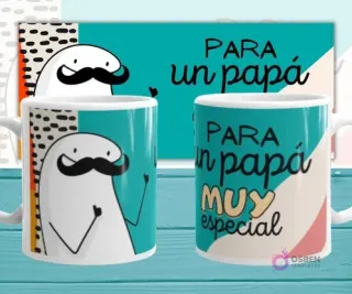 Mockup de dos tazas blancas con plantilla Flork 'PARA un papá MUY especial', con Flork bigotudo levantando la mano, sobre fondo abstracto turquesa.