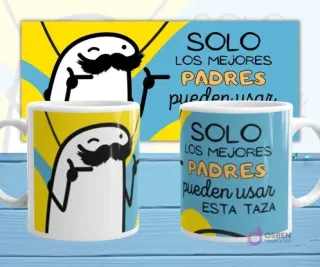 Mockup de dos tazas blancas con plantilla Flork 'SOLO LOS MEJORES PADRES pueden usar ESTA TAZA', con Flork bigotudo y gafas señalando, sobre fondo azul y amarillo.