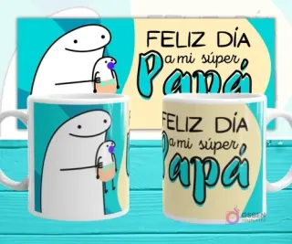 Mockup de dos tazas blancas con plantilla Flork 'FELIZ DÍA a mi súper Papá', con Flork abrazando a un Flork bebé, sobre fondo abstracto celeste y beige.