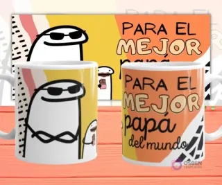 Mockup de dos tazas blancas con plantilla Flork 'PARA EL MEJOR papá del mundo', con Flork con gafas de sol y Flork bebé con chocolate, sobre fondo naranja y amarillo.