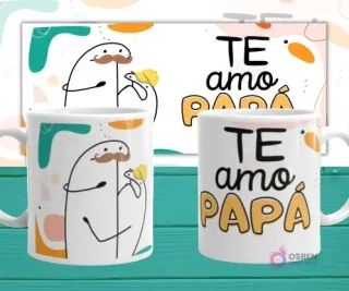 Mockup de dos tazas blancas con la plantilla Flork 'Te amo PAPÁ', mostrando un Flork con bigote y un Flork bebé con una flor, con fondo abstracto claro y colores cálidos.