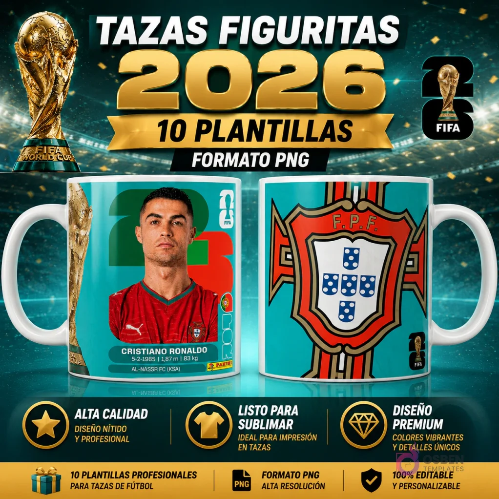 Mockup de dos tazas sublimadas con diseño de Cristiano Ronaldo de Portugal para el Mundial 2026 estilo figurita y el trofeo de la Copa FIFA. Pack 10 plantillas PNG.