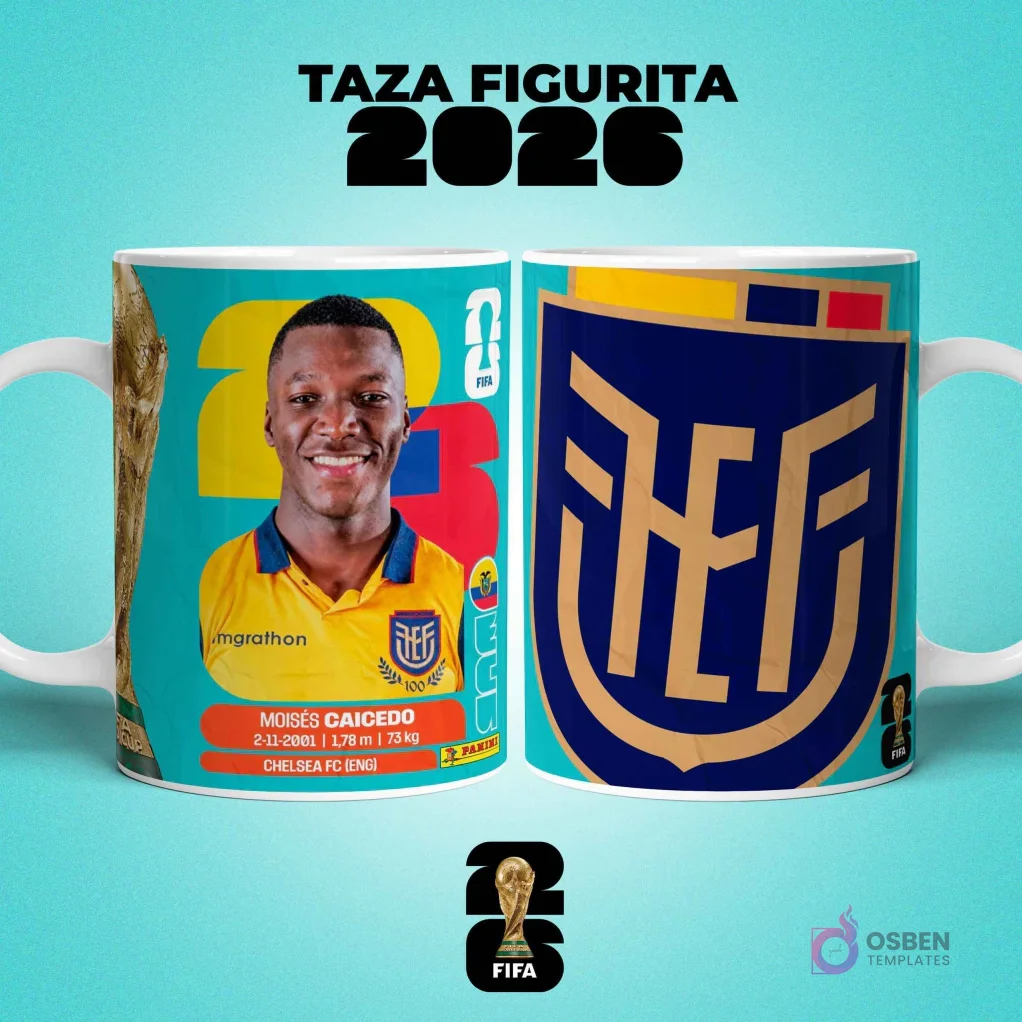 Mockup de dos tazas sublimadas con diseño del jugador Moisés Caicedo de Ecuador estilo figurita y escudo de la Selección Ecuatoriana para el Mundial 2026.