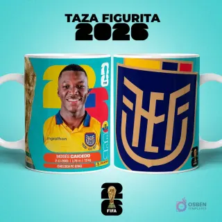 Mockup de dos tazas sublimadas con diseño del jugador Moisés Caicedo de Ecuador estilo figurita y escudo de la Selección Ecuatoriana para el Mundial 2026.
