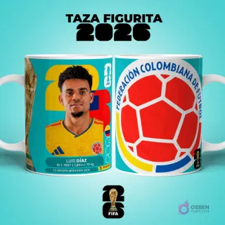 Mockup de dos tazas sublimadas con diseño del jugador Luis Díaz de Colombia estilo figurita y escudo de la Federación Colombiana de Fútbol para el Mundial 2026.