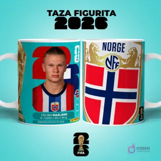Mockup de dos tazas sublimadas con diseño del jugador Erling Haaland de Noruega estilo figurita y escudo de la Federación Noruega de Fútbol para el Mundial 2026.