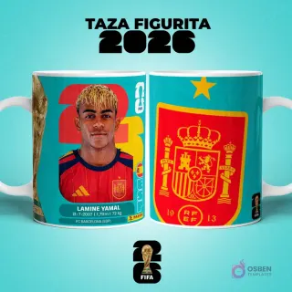 Mockup de dos tazas sublimadas con diseño del jugador Lamine Yamal de España estilo figurita y escudo de la Selección Española de Fútbol para el Mundial 2026.