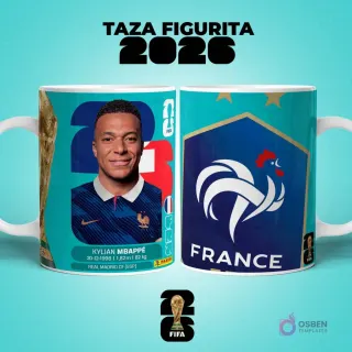 Mockup de dos tazas sublimadas con diseño del jugador Kylian Mbappé de Francia estilo figurita y escudo de la Selección Francesa de Fútbol para el Mundial 2026.