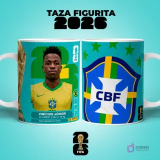 Mockup de dos tazas sublimadas con diseño del jugador Vinícius Júnior de Brasil estilo figurita y escudo de la Selección Brasileña de Fútbol para el Mundial 2026.