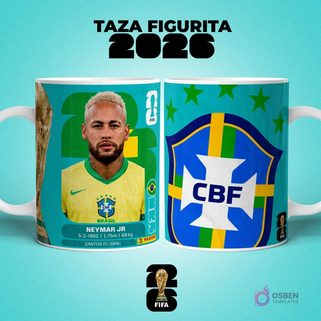 Mockup de dos tazas sublimadas con diseño del jugador Neymar Jr. de Brasil estilo figurita y escudo de la Selección Brasileña de Fútbol para el Mundial 2026.