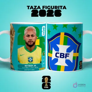 Mockup de dos tazas sublimadas con diseño del jugador Neymar Jr. de Brasil estilo figurita y escudo de la Selección Brasileña de Fútbol para el Mundial 2026.