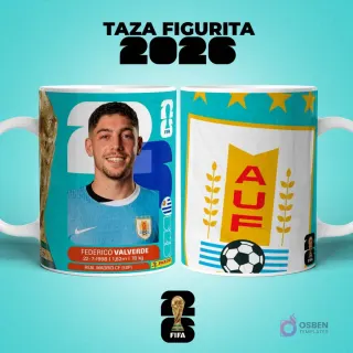 Mockup de dos tazas sublimadas con diseño del jugador Federico Valverde de Uruguay estilo figurita y escudo de la Asociación Uruguaya de Fútbol para el Mundial 2026.