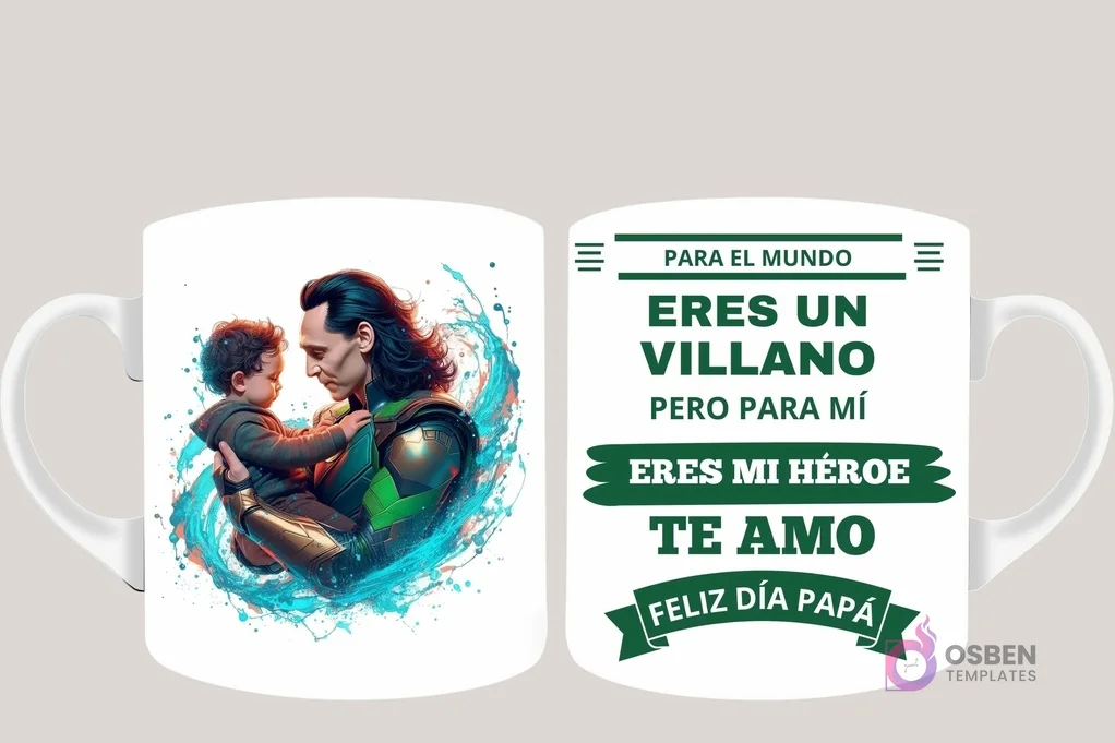 Taza de sublimación con Loki villano de Marvel sosteniendo a un bebé, y mensaje 'Eres mi Héroe Papá'