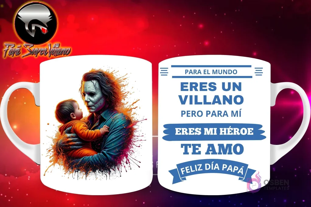 Taza de sublimación con el Joker de DC sosteniendo a un bebé, y mensaje 'Eres mi Héroe Papá'