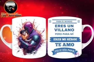 Taza de sublimación con Magneto de X-Men sosteniendo a un bebé, y mensaje 'Eres mi Héroe Papá'