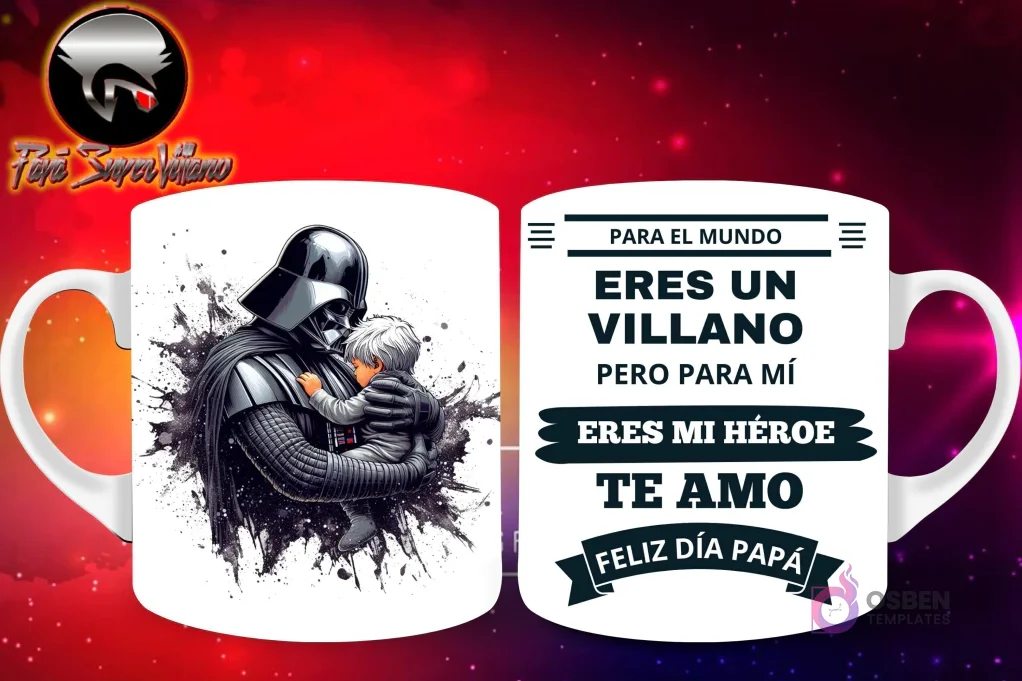 Taza de sublimación con Darth Vader de Star Wars sosteniendo a un bebé, y mensaje 'Eres mi Héroe Papá'