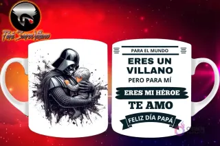 Taza de sublimación con Darth Vader de Star Wars sosteniendo a un bebé, y mensaje 'Eres mi Héroe Papá'