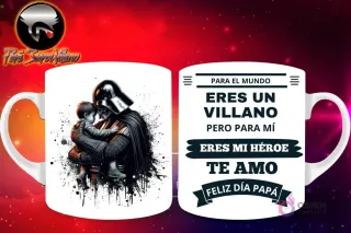 Taza de sublimación con Darth Vader de Star Wars abrazando a un bebé, y mensaje 'Eres mi Héroe Papá'