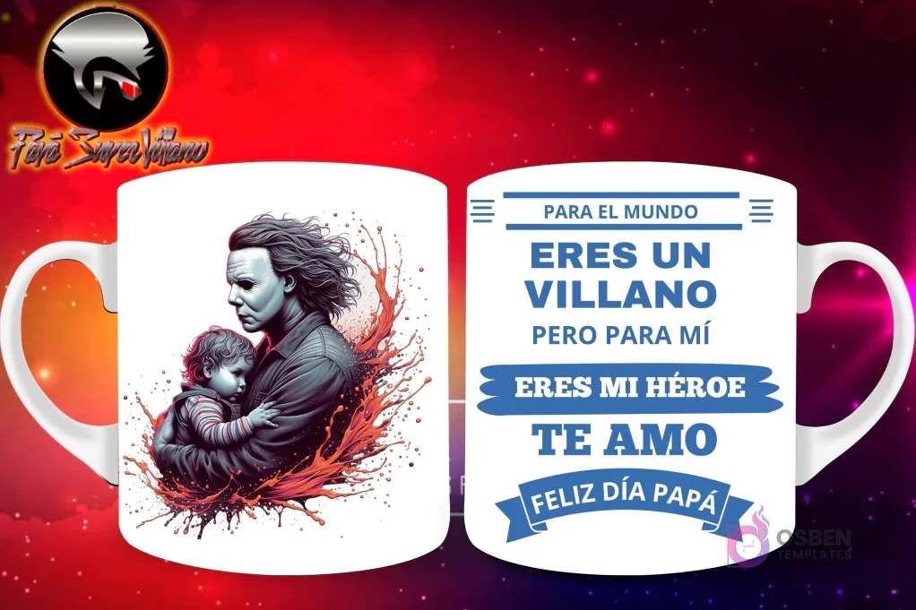 Taza de sublimación con Michael Myers de Halloween sosteniendo a un bebé, y mensaje 'Eres mi Héroe Papá'