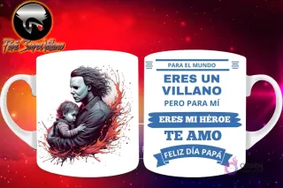 Taza de sublimación con Michael Myers de Halloween sosteniendo a un bebé, y mensaje 'Eres mi Héroe Papá'
