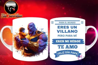 Taza de sublimación con Thanos de Marvel sosteniendo a un bebé niño, y mensaje 'Eres mi Héroe Papá'