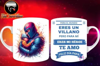 Taza de sublimación con Magneto de X-Men abrazando a un bebé, y mensaje 'Eres mi Héroe Papá'