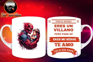 Taza de sublimación con Red Skull de Marvel sosteniendo a un bebé, y mensaje 'Eres mi Héroe Papá'