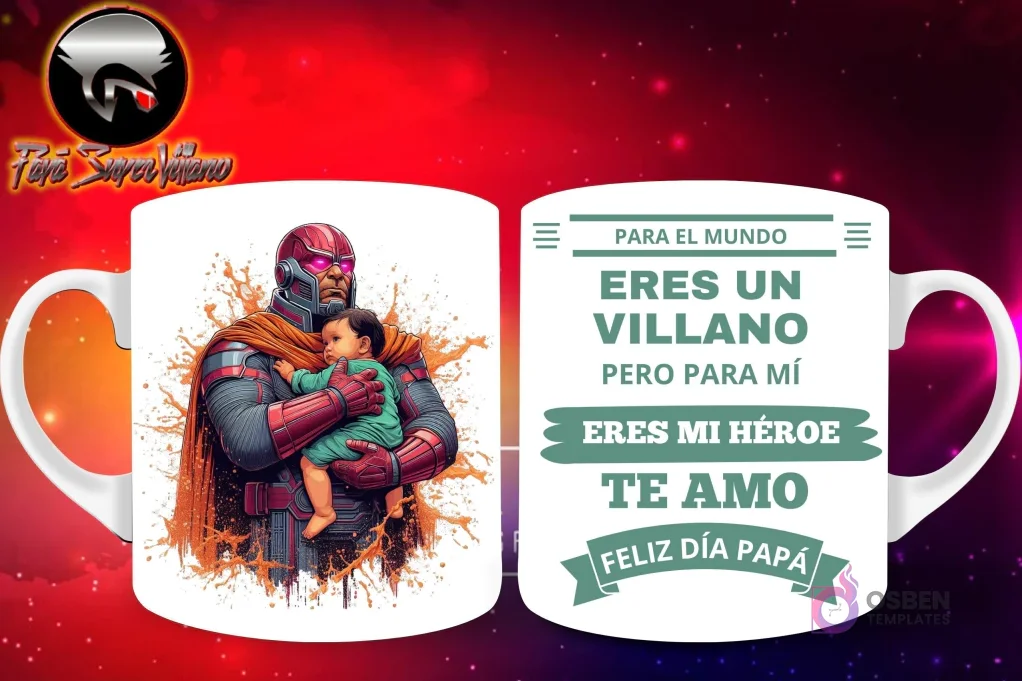 Taza de sublimación con villano blindado cibernético naranja sosteniendo a un bebé, y mensaje 'Eres mi Héroe Papá'