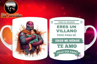 Taza de sublimación con villano blindado cibernético naranja sosteniendo a un bebé, y mensaje 'Eres mi Héroe Papá'