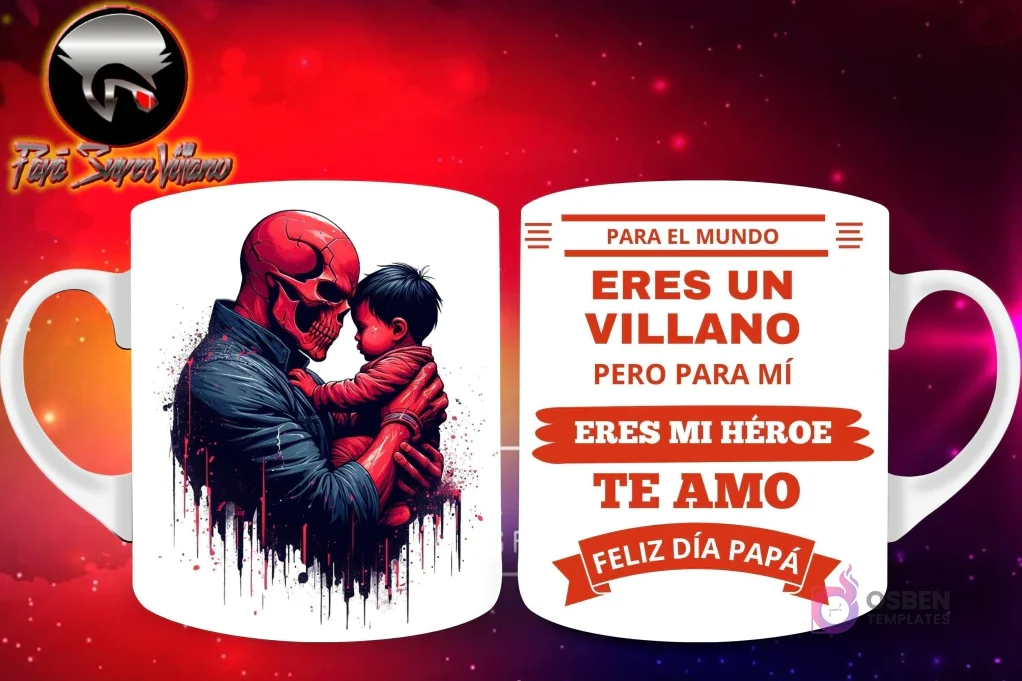 Taza de sublimación con Red Skull de Marvel mirando a un bebé, y mensaje 'Eres mi Héroe Papá'