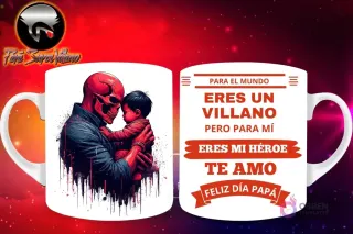 Taza de sublimación con Red Skull de Marvel mirando a un bebé, y mensaje 'Eres mi Héroe Papá'