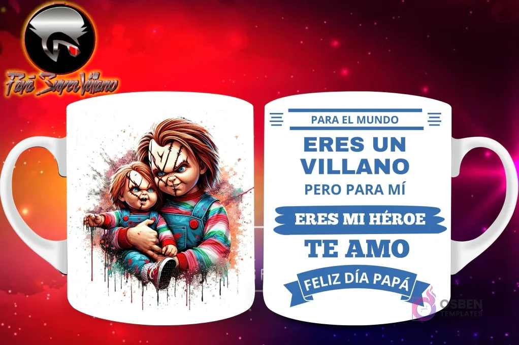 Taza de sublimación con Chucky de Child's Play sosteniendo a un bebé Chucky, y mensaje 'Eres mi Héroe Papá'