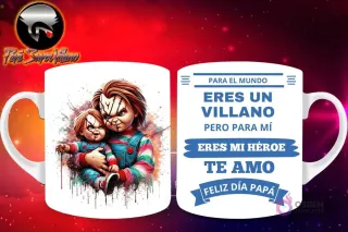 Taza de sublimación con Chucky de Child's Play sosteniendo a un bebé Chucky, y mensaje 'Eres mi Héroe Papá'