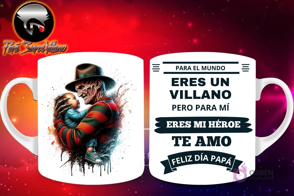 Taza de sublimación con Freddy Krueger de Pesadilla en Elm Street sosteniendo a un bebé, y mensaje 'Eres mi Héroe Papá'