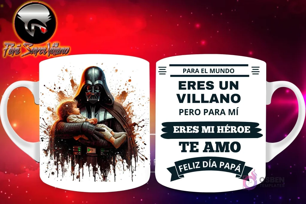 Taza de sublimación con Darth Vader de Star Wars sosteniendo suavemente a un bebé, y mensaje 'Eres mi Héroe Papá'