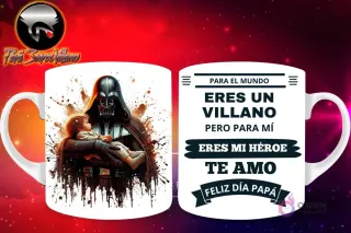 Taza de sublimación con Darth Vader de Star Wars sosteniendo suavemente a un bebé, y mensaje 'Eres mi Héroe Papá'