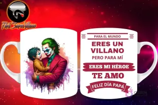 Taza de sublimación con el Joker (versión moderna) sosteniendo a un bebé, y mensaje 'Eres mi Héroe Papá'