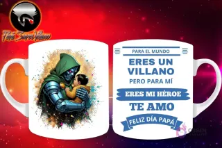 Taza de sublimación con Dr. Doom de Marvel con efecto de explosión sosteniendo a un bebé, y mensaje 'Eres mi Héroe Papá'